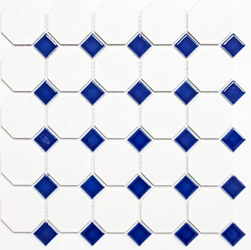 Mosaik Fliese Keramik blau Octagon weiß matt blau glänzend für WAND BAD WC DUSCHE KÜCHE FLIESENSPIEGEL THEKENVERKLEIDUNG BADEWANNENVERKLEIDUNG Mosaikmatte Mosaikplatte von conwire