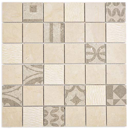 Mosaik Fliese Quadrat Marmor/Keramik mix beige für WAND BAD WC KÜCHE Fliesenspiegel Thekenverkleidung Wandverblender Mosaikmatte Mosaikplatte von conwire