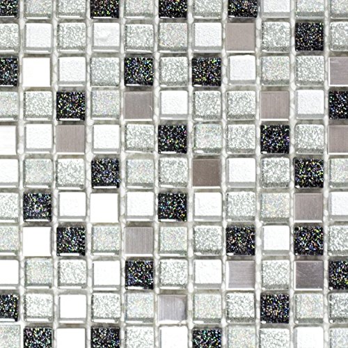 Mosaik Fliese Transluzent Edelstahl silber schwarz Glasmosaik Crystal Stahl silber schwarz für WAND BAD WC DUSCHE KÜCHE FLIESENSPIEGEL THEKENVERKLEIDUNG BADEWANNENVERKLEIDUNG Mosaikmatte Mosaikplatte von conwire
