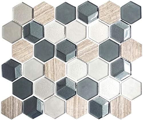 Mosaik Fliese Transluzent grau Hexagon Glasmosaik Crystal Stein 3D schwarz für WAND BAD WC DUSCHE KÜCHE FLIESENSPIEGEL THEKENVERKLEIDUNG BADEWANNENVERKLEIDUNG Mosaikmatte Mosaikplatte von conwire
