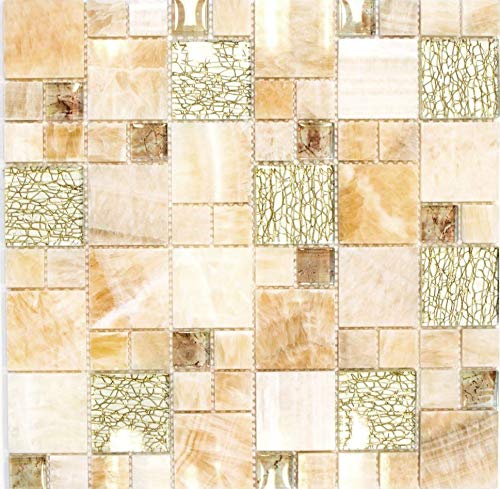 Mosaik Fliese bernstein gold Kombination Glasmosaik Crystal Stein Onyx für WAND BAD DUSCHE KÜCHE FLIESENSPIEGEL THEKENVERKLEIDUNG BADEWANNENVERKLEIDUNG Mosaikmatte Mosaikplatte | 10 Mosaikmatten von conwire
