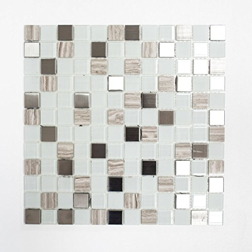 Mosaik Fliese selbstklebend Transluzent Stein Edelstahl weiß Glasmosaik Crystal Stein Stahl weiß Glas für WAND KÜCHE FLIESENSPIEGEL THEKENVERKLEIDUNG Mosaikmatte Mosaikplatte von conwire