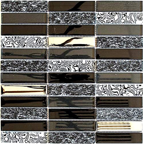 Mosaik Fliese silber grau schwarz Riemchen Glasmosaik Crystal Stein für WAND BAD DUSCHE KÜCHE FLIESENSPIEGEL THEKENVERKLEIDUNG BADEWANNENVERKLEIDUNG Mosaikmatte Mosaikplatte | 10 Mosaikmatten von conwire