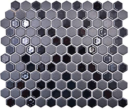 Mosaikflese Hexagon Sechseck schwarz glänzend rutschsicher Mosaikwand Thekenverkleidung Wandfliese Küchenfliese WC Duschtasse Duschwand von conwire