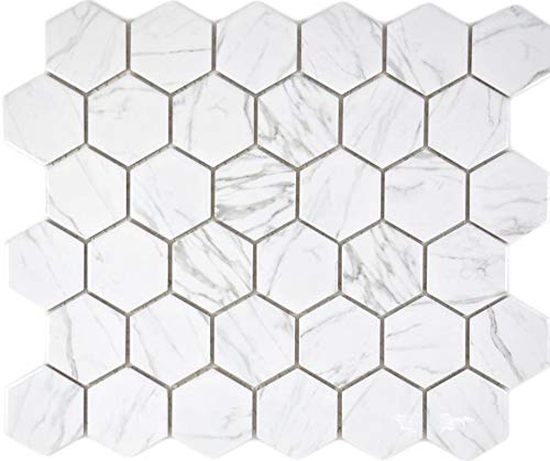 Mosaikfliese Keramik Hexagon Sechseck Carrara weiß glänzend Badfliese Fliesenspiegel Duschtasse Badewannenverkleidung Küchenrückwand Küchenfliese WC von conwire