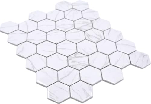 Mosaikfliese Keramik Hexagon Sechseck Carrara weiß glänzend Badfliese Fliesenspiegel Duschtasse Badewannenverkleidung Küchenrückwand Küchenfliese WC von conwire