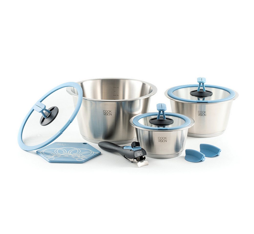 cookvision nesto Topf-Set, Edelstahl 18/10 (10-tlg., 3 Töpfe, 3 Deckel mit Zubehör), platzsparend, innovatives Zubehör von cookvision nesto