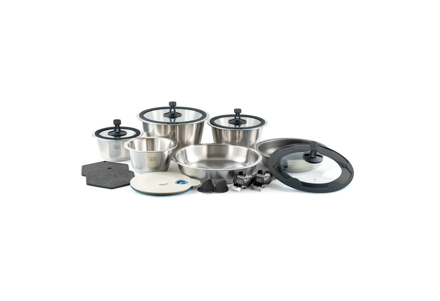 cookvision nesto Topf-Set, Edelstahl 18/10 (10-tlg., 3 Töpfe, 3 Deckel mit Zubehör), platzsparend, innovatives Zubehör von cookvision nesto