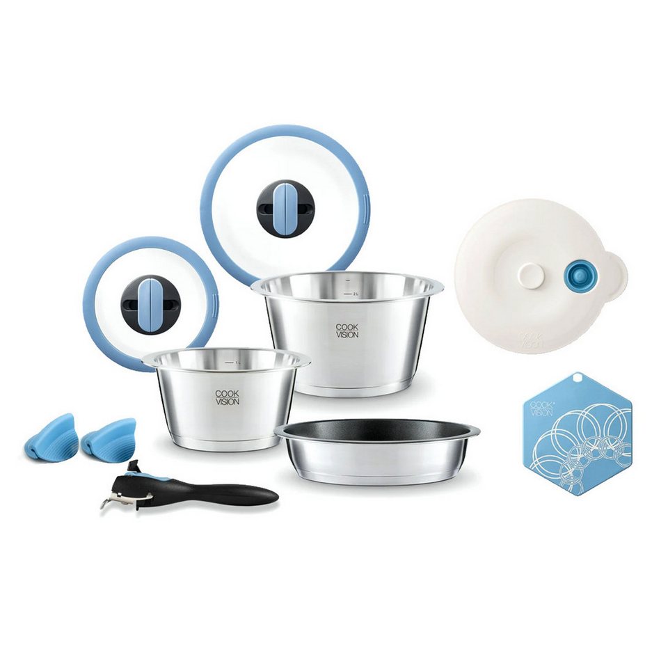 cookvision nesto Topf-Set Einsteiger-Set mit Pfanne, Edelstahl 18/10 (10-tlg), platzsparend, innovatives Zubehör von cookvision nesto