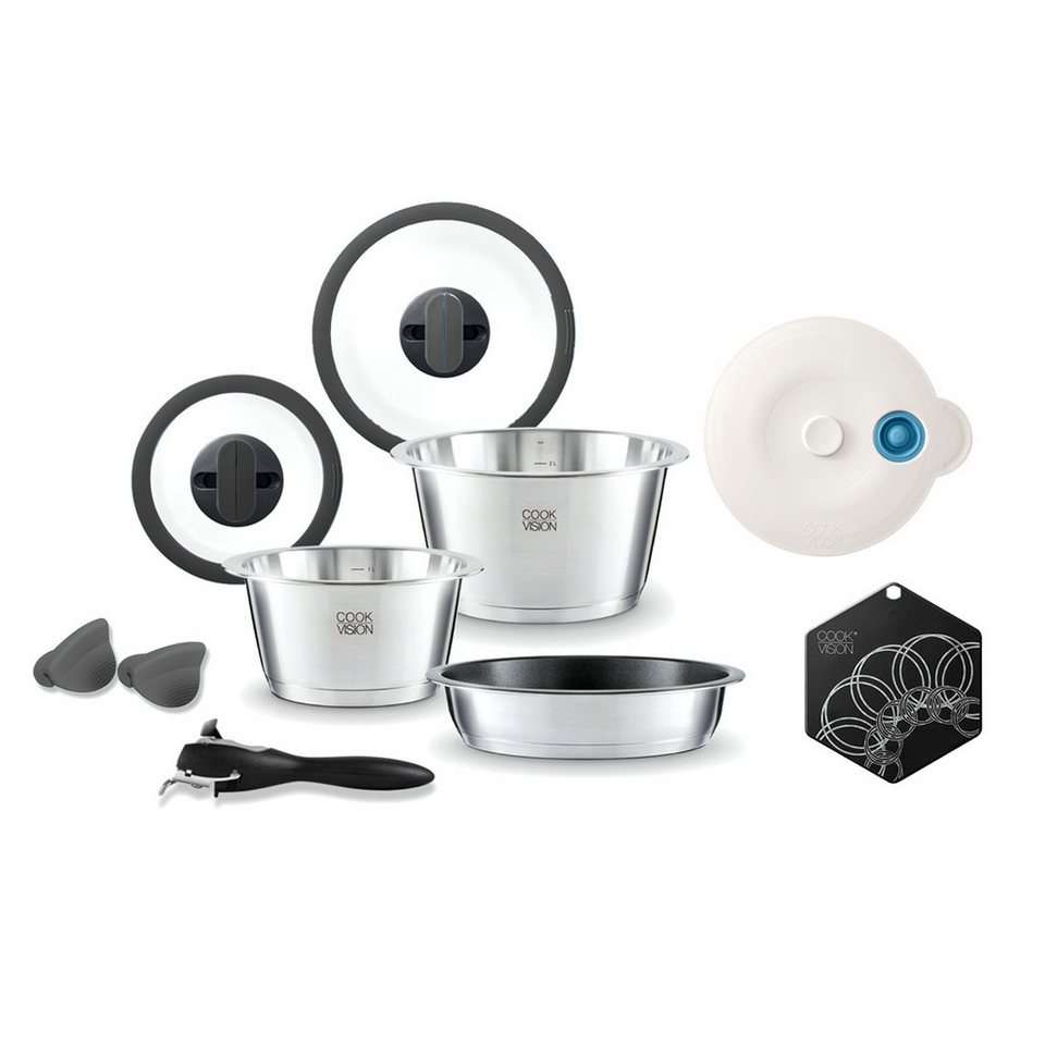 cookvision nesto Topf-Set Einsteiger-Set mit Pfanne, Edelstahl 18/10 (10-tlg), platzsparend, innovatives Zubehör von cookvision nesto