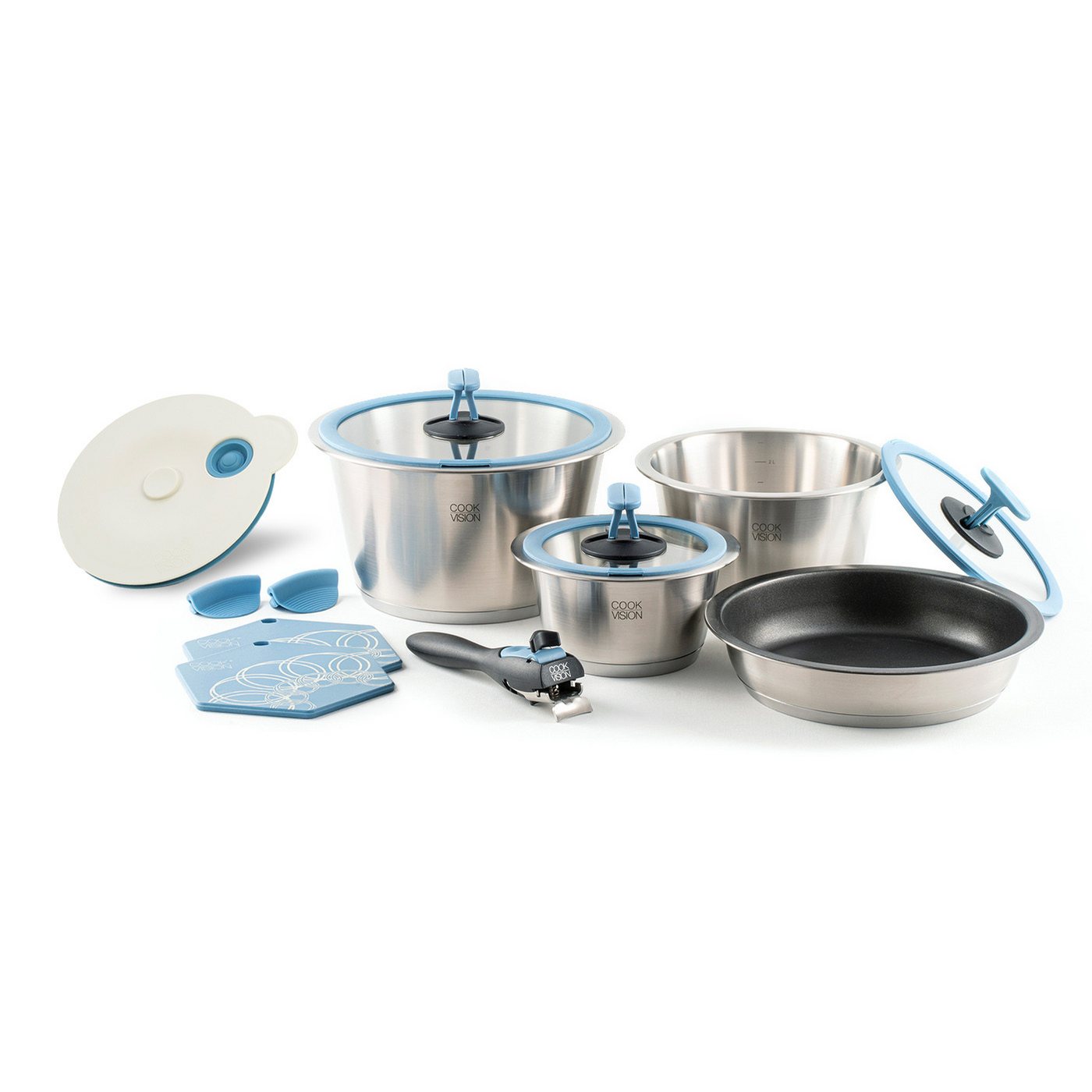 cookvision nesto Topf-Set Starter-Set mit Pfanne, Edelstahl 18/10 (13-tlg), platzsparend, innovatives Zubehör von cookvision nesto