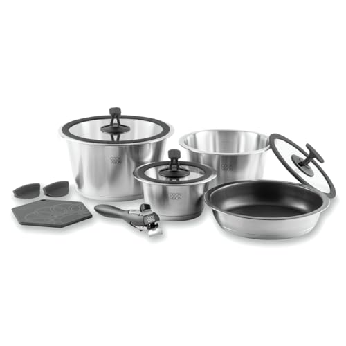 cookvision Basis-Set 11-tlg. schwarz, 3x Edelstahltöpfe und 1x Pfanne für alle Herdarten, 3x Glasdeckel, 1x Griff, platzsparend, innovatives Zubehör von cookvision