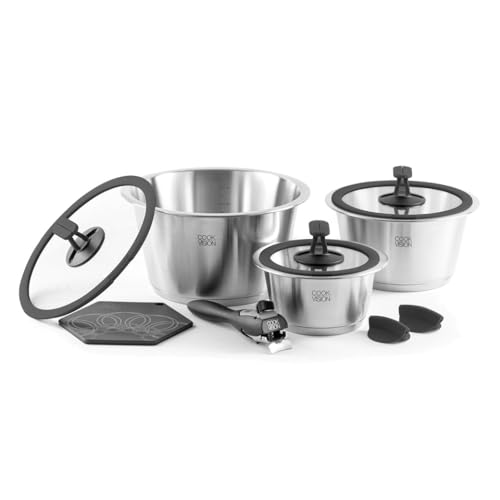 cookvision Topf-Set 10-tlg. schwarz, 3x Edelstahltöpfe für alle Herdarten, 3x Glasdeckel, 1x Griff, platzsparend, innovatives Zubehör von cookvision