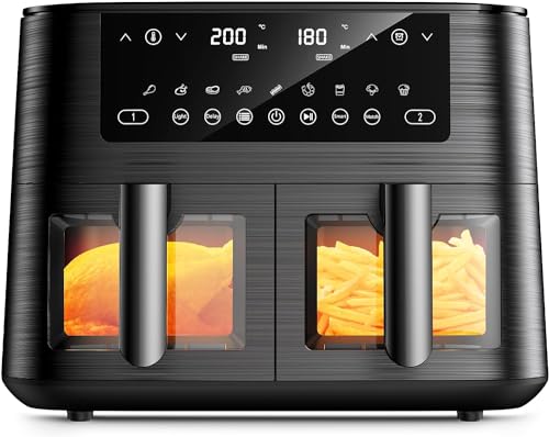Dual Zone Heißluftfritteuse mit Sichtfenster, 9L XL Kapazität Doppel-Airfryer, 2 Schubladen, 9-in-1 Kochvorgaben, Touchscreen, Smart und Timer-Funktion, Gesunde Friteuse ohne Öl und fettarmes Kochen von cookwise
