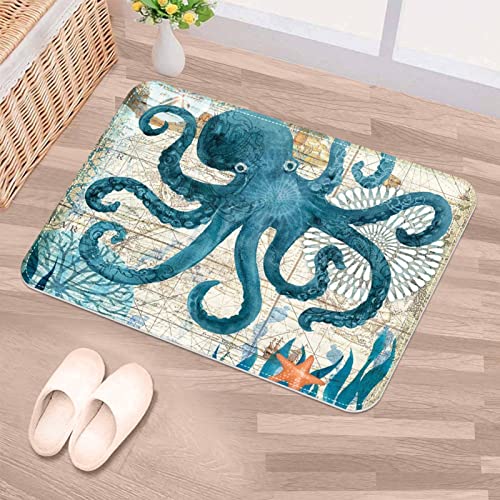 Fußmatte mit Meereskrake, nautische blaue Karte, weich, für den Innenbereich, Wohnzimmer, Teppiche für Kinderzimmer, Heimdekoration, Kinderzimmerteppich, 80 x 50 cm von coosun