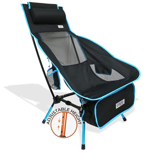 copa Verstellbarer Klappstuhl, ultraleicht, Rucksackreisen, tragbarer Klappstuhl, Strandstuhl mit Kopfstütze, Seitentasche und Getränkehalter (blau) von copa