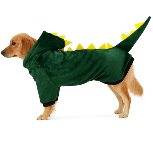 Dino Kostüm Hund & Katze – Süßes Haustierkostüm für Herbst & Winter – Tierverkleidung – Gelb-Schwarz mit Flügeln & Kapuze (Dinosaurier (Grün), XXL) von corimori
