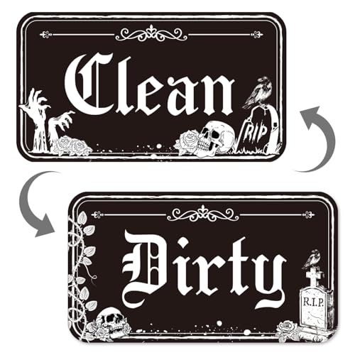 Geschirrspüler-Magnet "Clean Dirty" – cosmisun Gothic Clean Dirty Magnet für Geschirrspüler, Horror, Totenkopf, Blume, sauber, schmutzige Schilder, Halloween, Krähe, doppelseitiger von cosmisun