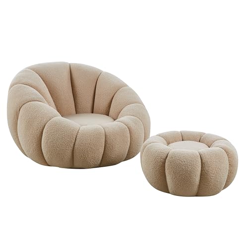 cosyou Sessel mit Hocker weicher Teddystoff - runder Fernsehsessel für Wohnzimmer & Schlafzimmer, Relaxsessel drehbar für entspannte Abende beige weiß rosa - jetzt Farbe wählen (Beige) von cosyou