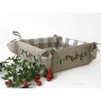 Handbestickter Leinen Brotkorb Cottage Chic Küchen Organizer, Zusammenklappbarer Korb von cosyribbon
