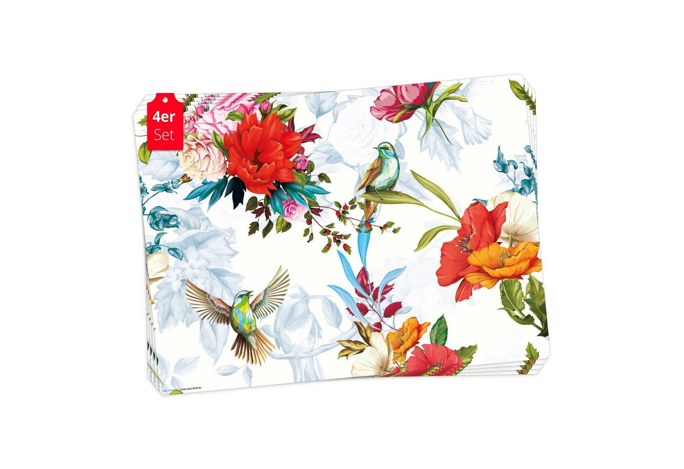 Platzset, Tischset, Platzset abwaschbar - Bunte Kolibris mit Wildblumen, cover-your-desk.de, (aus erstklassigem Vinyl (Kunststoff – BPA-frei), 4-St., 44 x 32 cm - rutschfeste Tischdekoration), Made in Germany von cover-your-desk.de