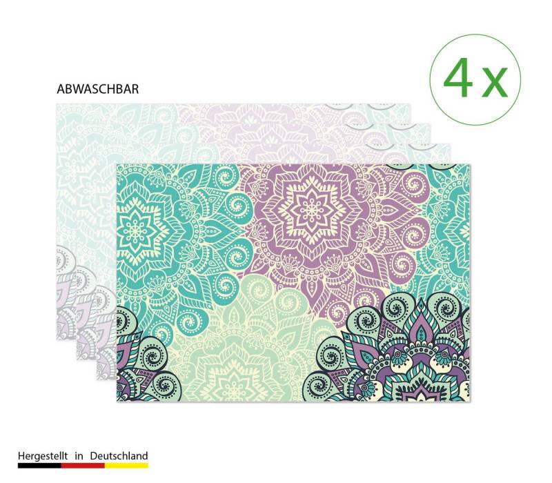 cover-your-desk.de Platzset Tischset, Platzset abwaschbar - Mandala grün-türkis - aus Premium Vinyl (Kunststoff - BPA-frei) - 4 Stück - 44 x 32 cm - rutschfeste Tischdekoration!, (4-St) von cover-your-desk.de