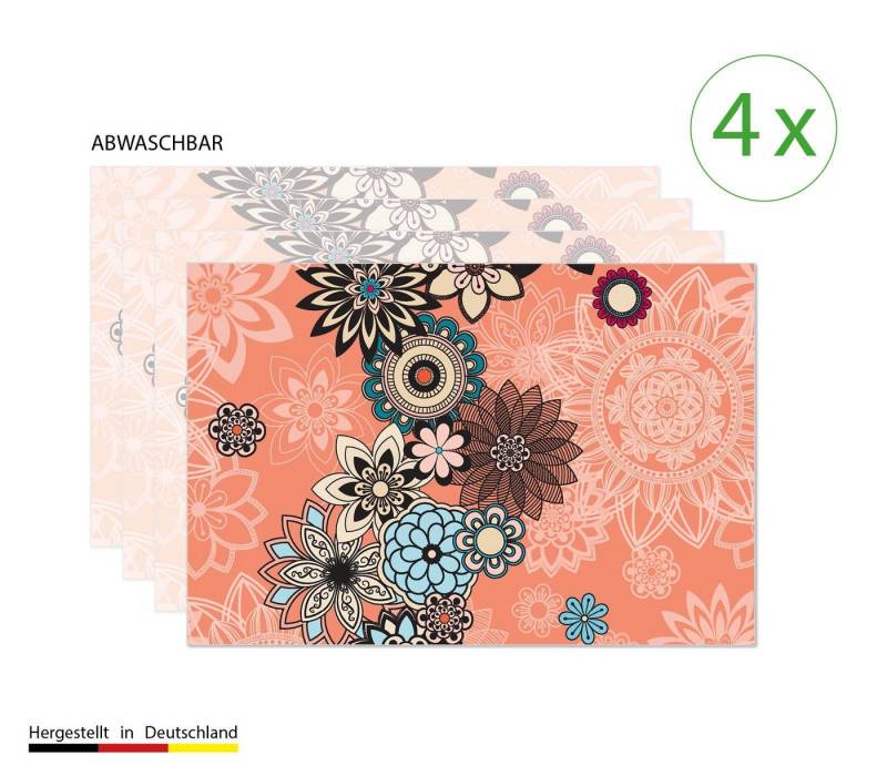 cover-your-desk.de Platzset Tischset, Platzset abwaschbar - Mandala mit Blüten - aus Premium Vinyl (Kunststoff - BPA-frei) - 4 Stück - 44 x 32 cm - rutschfeste Tischdekoration!, (4-St) von cover-your-desk.de