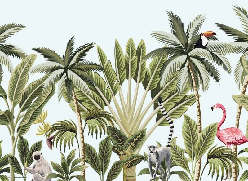 cover-your-desk.de Platzset abwaschbar - Tropische Palmen mit Flamingo, (4-St., aus erstklassigem Vinyl (Kunststoff - BPA-frei), Made in Germany von cover-your-desk.de