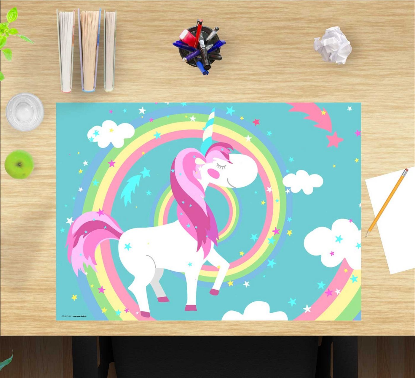 cover-your-desk.de Schreibtischaufsatz Schreibtischunterlage für Kinder – Einhorn mit Regenbogen – 60 x 40 cm – aus hochwertigem Vinyl, (1-St) von cover-your-desk.de