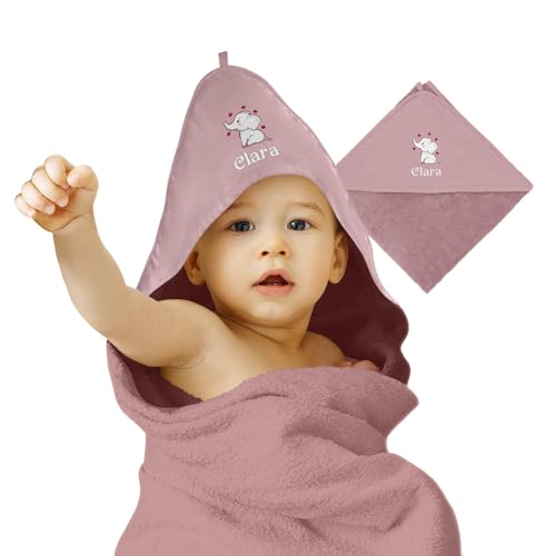 cozy racoon Baby Kapuzenhandtuch Altrosa Bestickt mit Namen oder Wunschtext | Personalisiertes Handtuch mit Kapuze für Babys I Kuscheliges Babyhandtuch (70 x 70cm) von cozy racoon