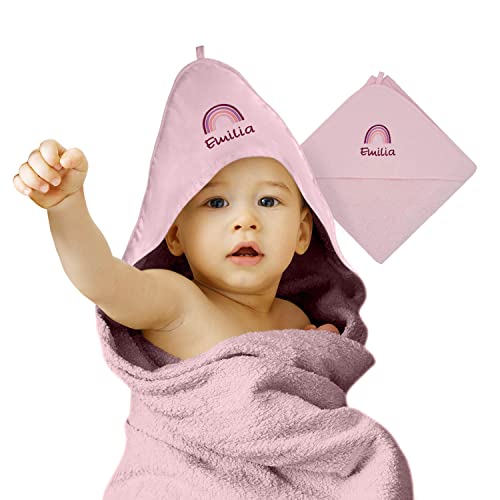 cozy racoon Baby Kapuzenhandtuch Rosa Bestickt mit Namen oder Wunschtext | Personalisiertes Handtuch mit Kapuze für Babys I Kuscheliges Babyhandtuch (70 x 70cm) von cozy racoon