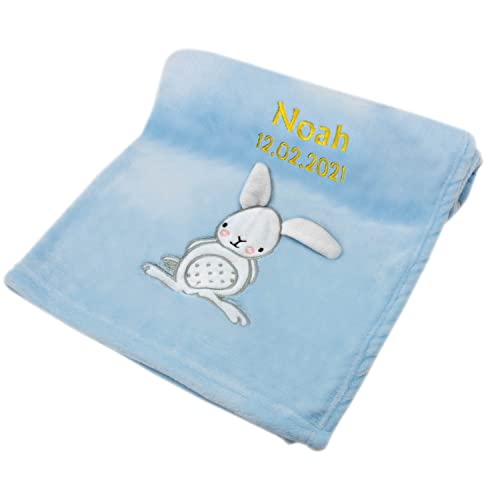 cozy racoon Babydecke Bestickt mit Namen und Geburtsdatum | Weiche Kuscheldecke für Baby Jungen und Mädchen I Personalisiertes Geschenk zur Geburt oder als Erstausstattung I Blaue Decke mit Hase von cozy racoon