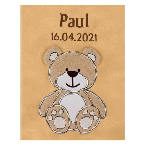 cozy racoon Babydecke Bestickt mit Namen und Geburtsdatum | Weiche Kuscheldecke für Baby Jungen und Mädchen I Personalisiertes Geschenk zur Geburt oder als Erstausstattung I Karamell Decke mit Bär von cozy racoon