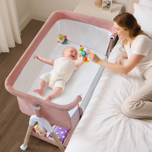 3 in 1 Beistellbett Baby, Tragbar reisebett Baby mit matratze Höhenverstellbar Bettchen Verstellbare Höhe & Neigung 6 abschließbare Räder Baby Co-Sleeper für Neugeborene Kleinkind Rosa von cozydwells