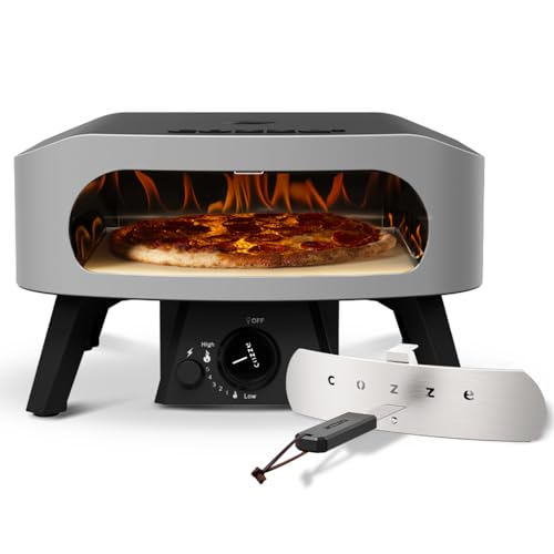 Cozze® 13" Pizzaofen CLASSIC | Gas 30 mbar | Gratis Cordierit Stein | Automatische Einschaltung | Integriertes Thermometer | Edelstahl | Schnellkochzeit 2 min, Schwarz von cozze