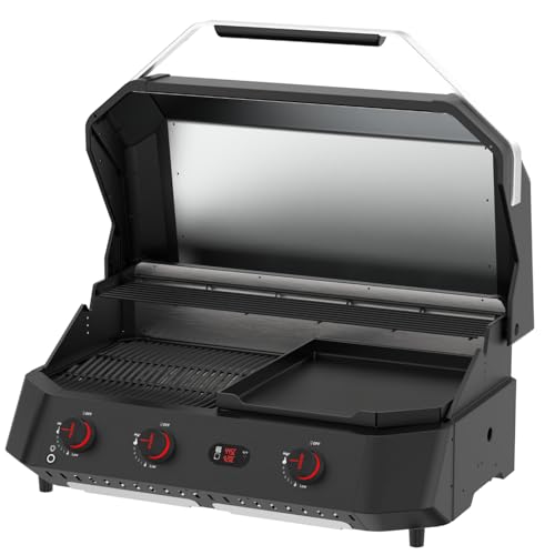 Cozze® G-800 COMBO Plancha-Grill – 3-Brenner Gasgrill mit Grillplatte – 50 mbar – Outdoor Grill mit 9,5 kW Leistung & digitalem Thermometer – inkl. Druckregler & Warmhalterost von cozze