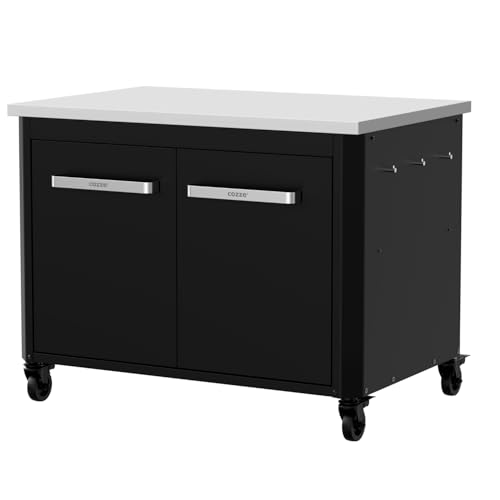 cozze® Outdoor Küche niedrig mit Edelstahl Arbeitsplatte | Perfekte Arbeitshöhe für Plancha | Outdoor Tisch mit Stauraum & Haken | Modular erweiterbar | 100 kg Tragkraft | mit Rollen von cozze