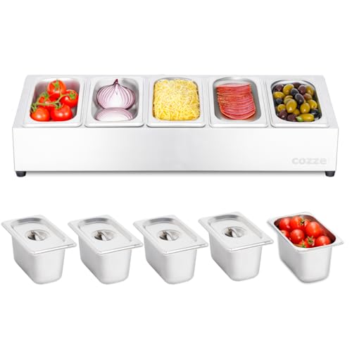 cozze® Pizza Toppingstation – Edelstahl Zutatenbehälter mit Deckel für Pizzabeläge – Professionelle Pizza Belegstation mit 5 Fächern – Pizza Zubehör für Küche und Gastronomie von cozze