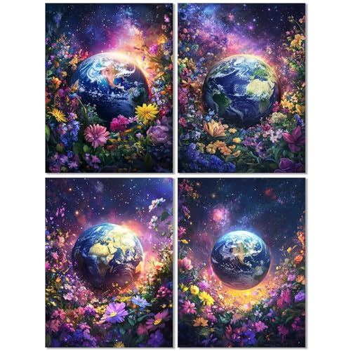 4 Stück Diamond Painting Kinder ab 10 Jahre Erde 70x90cm, Diamond Painting Erwachsene Blume, 5D DIY Mosaikherstellung Basteln Erwachsene Diamant Malerei Stickerei Kits für Wand Dekor Geschenke Z-421T von cppxinng