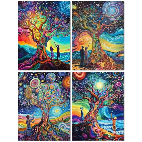 4 Stück Diamond Painting Kinder ab 6 Jahre Baum Des Lebens 50x65cm, Diamond Painting Erwachsene Sternenhimmel, Mosaikherstellung Basteln Erwachsene Diamant Malerei Stickerei Kits für Wand Dekor Z-459T von cppxinng
