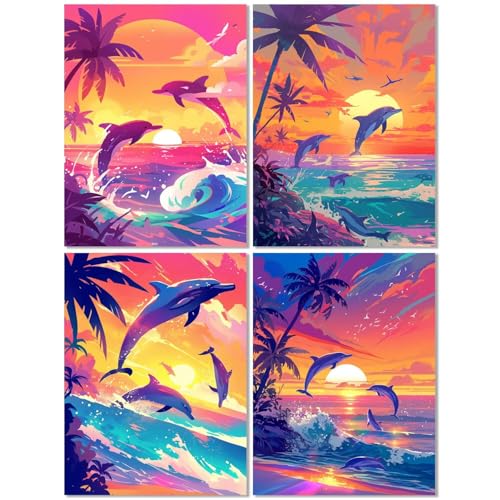 4 Stück Diamond Painting Kinder ab 8 Jahre Delphin 30x40cm, Diamond Painting Erwachsene Meereswellen, 5D DIY Mosaikherstellung Basteln Erwachsene Diamant Malerei Stickerei Kits für Wand Dekor Z-431T von cppxinng
