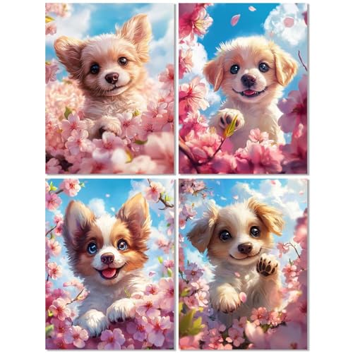 4 Stück Diamond Painting Kinder ab 8 Jahre Hund 30x40cm, Diamond Painting Erwachsene Blume, 5D DIY Mosaikherstellung Basteln Erwachsene Diamant Malerei Stickerei Kits für Wand Dekor Geschenke Z-429T von cppxinng