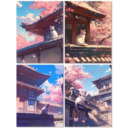 4 Stück Diamond Painting Kinder ab 8 Jahre Japan 30x40cm, Diamond Painting Erwachsene Katze, 5D DIY Mosaikherstellung Basteln Erwachsene Diamant Malerei Stickerei Kits für Wand Dekor Geschenke Z-455T von cppxinng