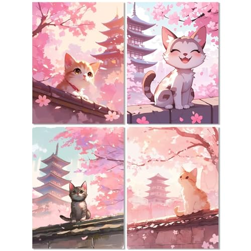 4 Stück Diamond Painting Kinder ab 9 Jahre Japan 60x80cm, Diamond Painting Erwachsene Katze, 5D DIY Mosaikherstellung Basteln Erwachsene Diamant Malerei Stickerei Kits für Wand Dekor Geschenke Z-559T von cppxinng
