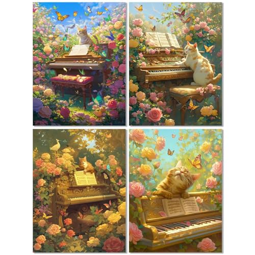 4 Stück Diamond Painting Kinder ab 9 Jahre Katze 60x80cm, Diamond Painting Erwachsene Klavier, 5D DIY Mosaikherstellung Basteln Erwachsene Diamant Malerei Stickerei Kits für Home Wand Dekor Z-445T von cppxinng