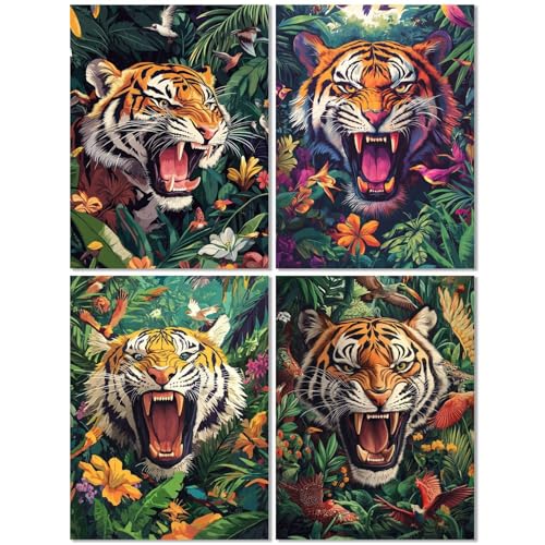 4 Stück Diamond Painting Kinder ab 9 Jahre Tiger 60x80cm, Diamond Painting Erwachsene Tier, 5D DIY Mosaikherstellung Basteln Erwachsene Diamant Malerei Stickerei Kits für Wand Dekor Geschenke Z-543T von cppxinng