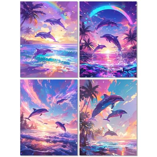 4er Set Diamond Painting Erwachsene Delphin 20x30cm, Diamond Painting Kinder Farbe, Basteln Mädchen 10 Jahre, Mosaikherstellung Kreativ Set für Erwachsene, Diamant Stickerei Kits für Wand Dekor Z-430T von cppxinng