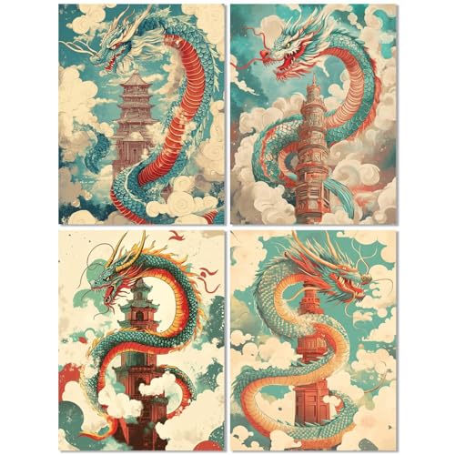 4er Set Diamond Painting Erwachsene Drachen 70x90cm, Diamond Painting Kinder Turm, Basteln Mädchen 10 Jahre, Mosaikherstellung Kreativ Set für Erwachsene, Diamant Stickerei Kits für Wand Dekor Z-440T von cppxinng
