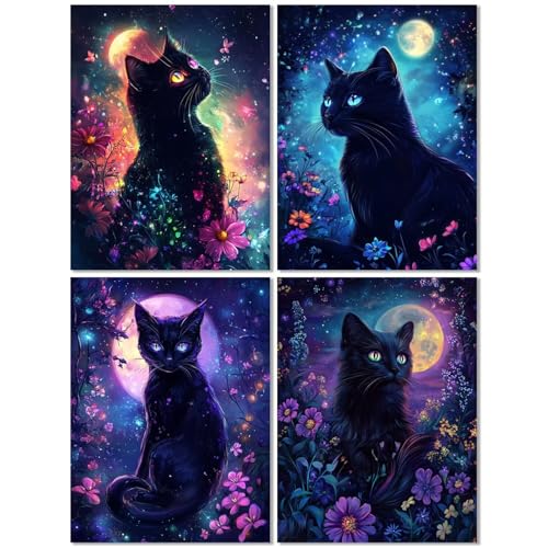 4er Set Diamond Painting Erwachsene Katze 60x80cm, Diamond Painting Kinder Mond, DIY Basteln Mädchen 10 Jahre,Mosaikherstellung Kreativ Set für Erwachsene, Diamant Stickerei Kits für Wand Dekor Z-552T von cppxinng