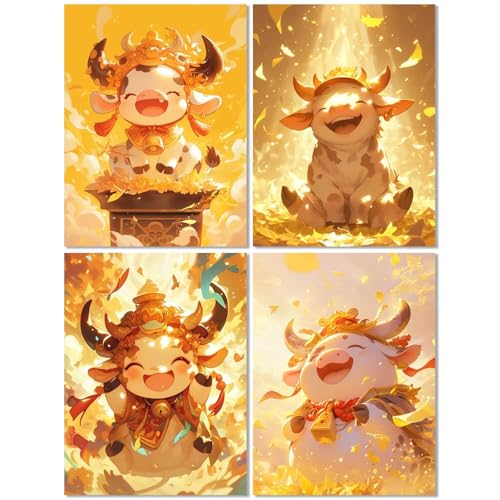4er Set Diamond Painting Erwachsene Niedlich 70x90cm, Diamond Painting Kinder Ochse, Basteln Mädchen 10 Jahre,Mosaikherstellung Kreativ Set für Erwachsene, Diamant Stickerei Kits für Wand Dekor Z-542T von cppxinng
